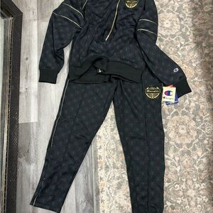 Champion Black Tracksuit with Blue and Red Logo
